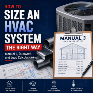 HVAC technician reviewing Manual J load calculations and ductwork sizing for a properly sized heating and cooling system