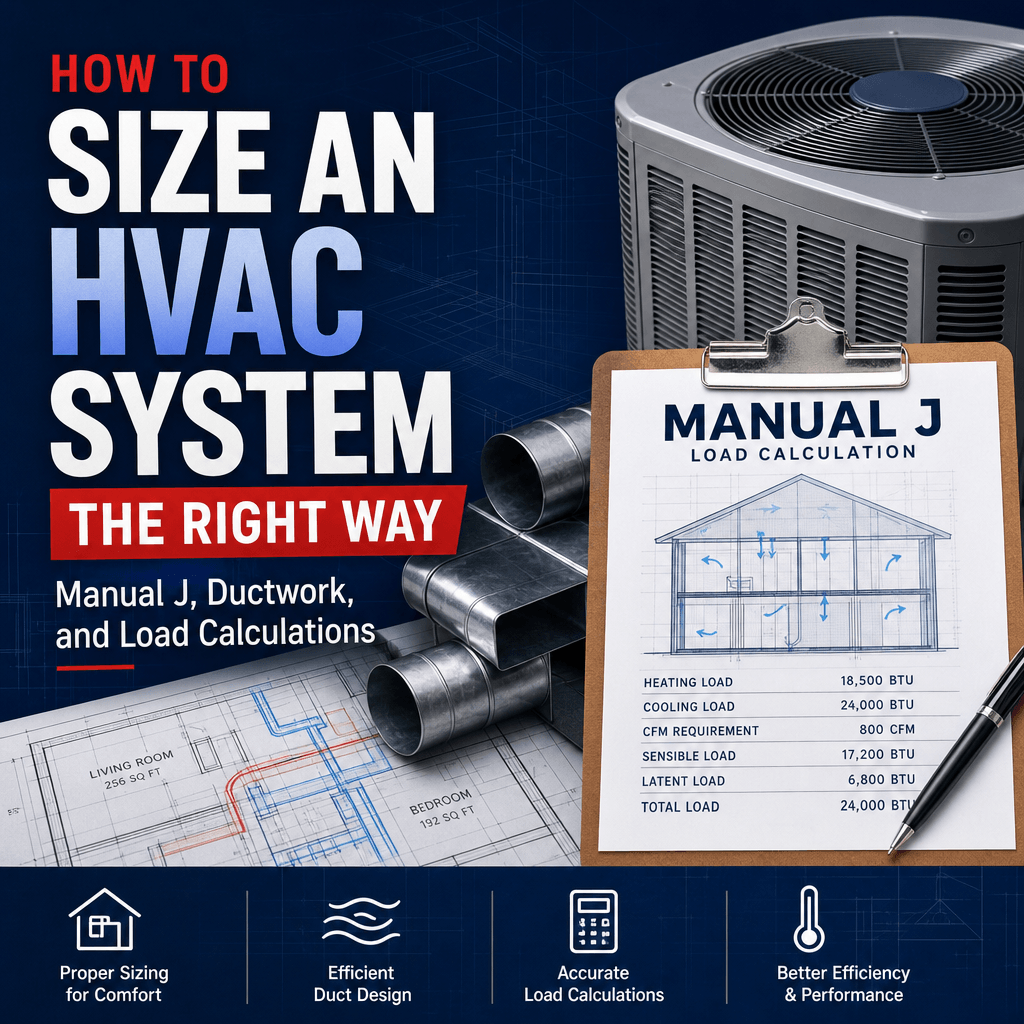 HVAC technician reviewing Manual J load calculations and ductwork sizing for a properly sized heating and cooling system